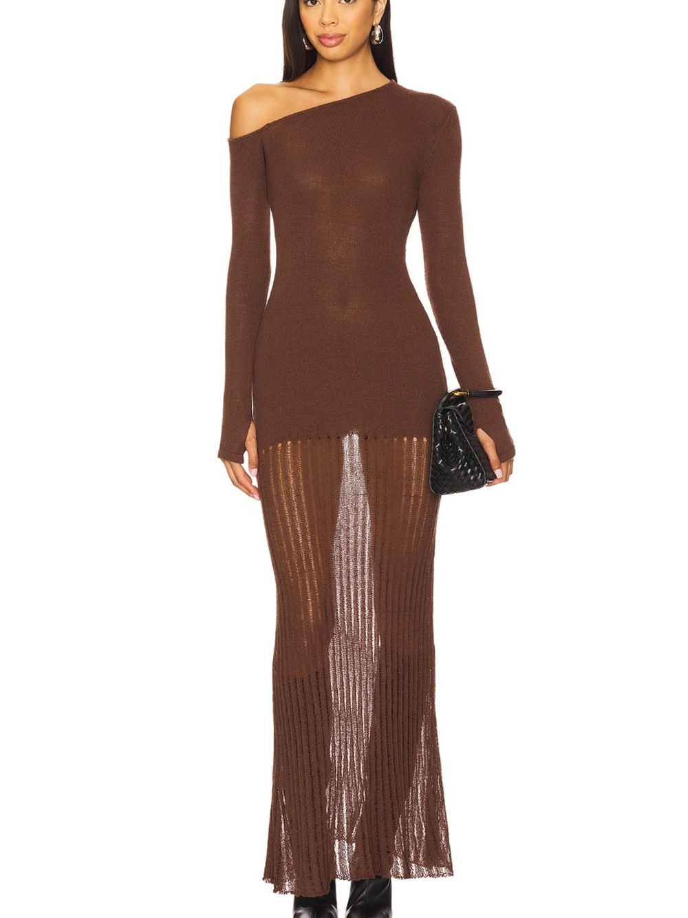 Greta on shoulder maxi dress . Women’s One-Shoulder Brown Sheer Knit Maxi Dress